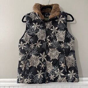 Eddie Bauer Women’s Snowflake Pattern Down Puffer Vest Faux Fur Collar Medium